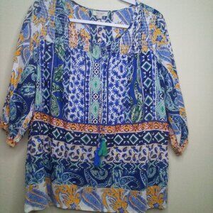 Orientique Naturally Australian Blouse Small Half Sleeve Tassel Pattern Colorful